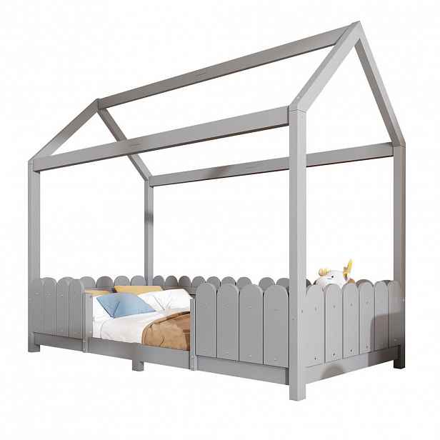 OKWISH DĚTSKÁ postel 90/200 cm šedá z borovicového dřeva s domečkem a zábranou