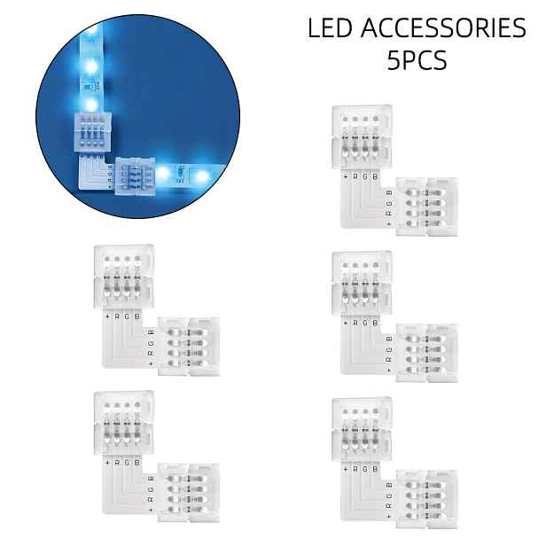 TEMU Sada 5 ks LED páskových konektorů bez pájení, rohový adaptér pro 5050 a 3528, vícebarevný L-tvarovaný adaptér pro LED pásky