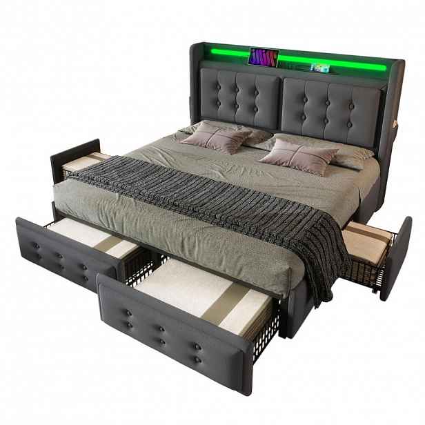 FLIEKS ČALOUNĚNÁ POSTEL 140x200 Šedá 4 Zásuvky USB-C LED