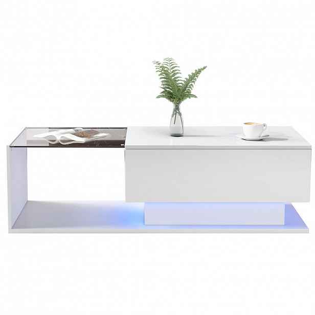 Modfu KONFERENČNÍ stolek z dřevotřísky 100x50x32 cm bílý s LED osvětlením, sklem a zásuvkou