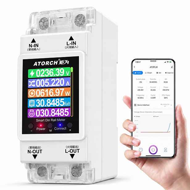 Měřič energie Atorch AT2P 100A WiFi Tuya RS485 1-fázový Din LCD