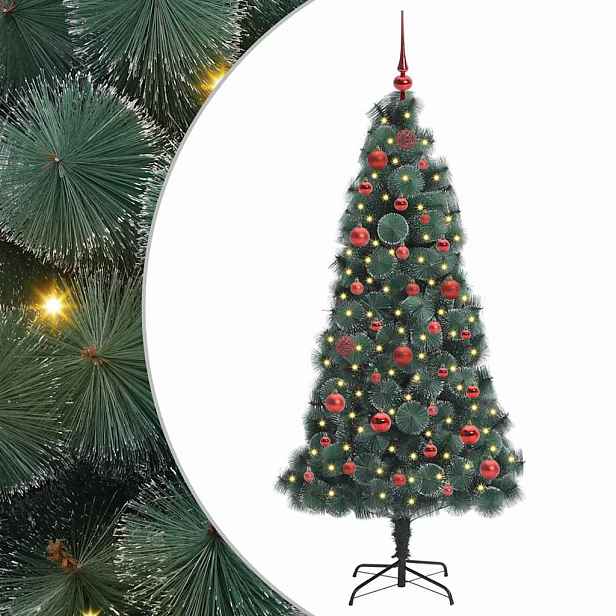 vidaXL Umělý osvětlený vánoční stromeček se sadou koulí Zelená 150 cm