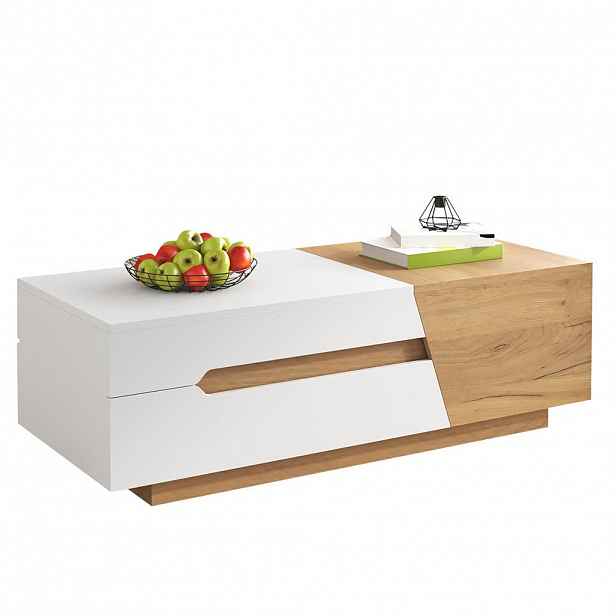 Modfu KONFERENČNÍ stolek z MDF 120x50x37,5 cm bílá/přírodní se zasouvací deskou, 2 zásuvkami a úložným prostorem