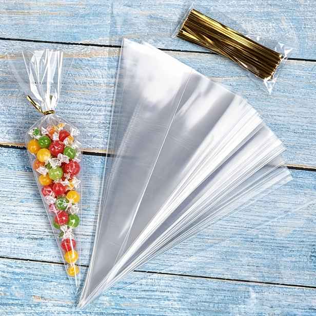 TEMU Dárek pro Ni/Něj Průhledné Trojúhelníkové Kuželové Plastové Sáčky Vhodné pro Balení Popcornu, Cukrovinek - Jednorázové Dárkové Sáčky se Širokým