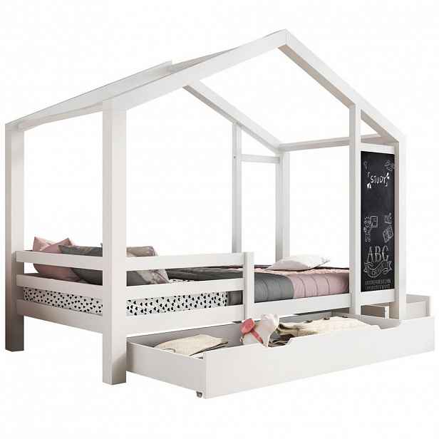 OKWISH DĚTSKÁ postel domeček 90/200 cm bílá z masivní borovice s tabulí a 2 zásuvkami