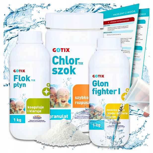 Sada chemie do bazénu Protiřasový Prostředek 1L Chlor Šok 1KG Flok Koagulant 1L