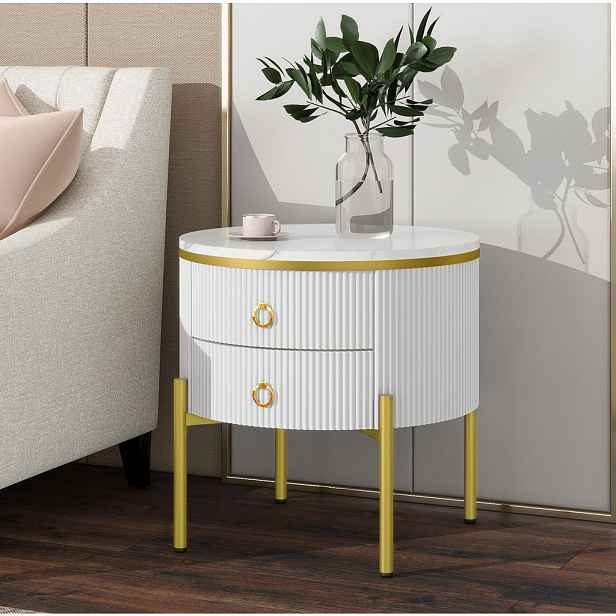 Modfu ODKLÁDACÍ stolek z MDF 50x50x51 cm bílý se 2 zásuvkami, nastavitelnými nohami a mramorovým dekorem
