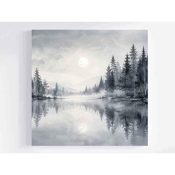 Obraz Na Plátně Canvas Krajina Noc Večer Jezero Měsíc Les Mlha 50x50