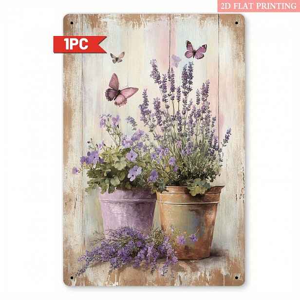 TEMU 2D plochý - Toto je 2D plochá kovová nástěnná dekorace s vintage rustikálním designem s levandulí a motýly, o rozměrech 20,32 x 30,48 cm. Je