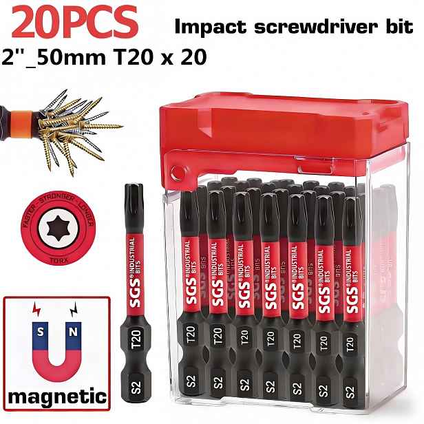 TEMU Redstorm Torx T20 Průmyslové rázové šroubovací bity, vyrobené z legované oceli S2, délka 50 mm, vysoce pevná magnetická sada elektrických bitů,