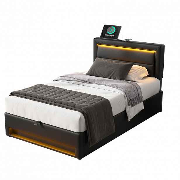 FLIEKS ČALOUNĚNÁ POSTEL 90x190 Černá PU LED USB Úložný Prostor