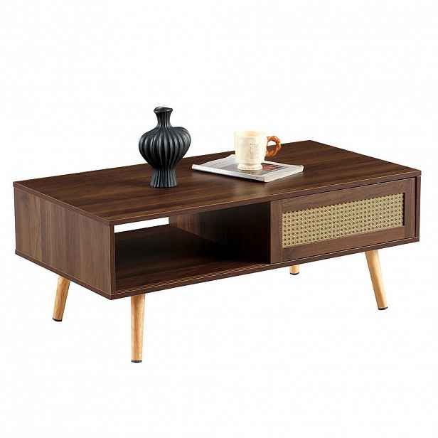 Modfu KONFERENČNÍ stolek z MDF 105x40x55 cm hnědý s ratanovými posuvnými dvířky a úložným prostorem