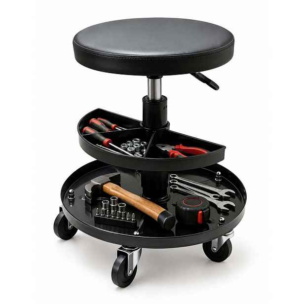 Relaxdays TABURET Černý dílenský výškově nastavitelný s odkládacími přihrádkami 42 cm