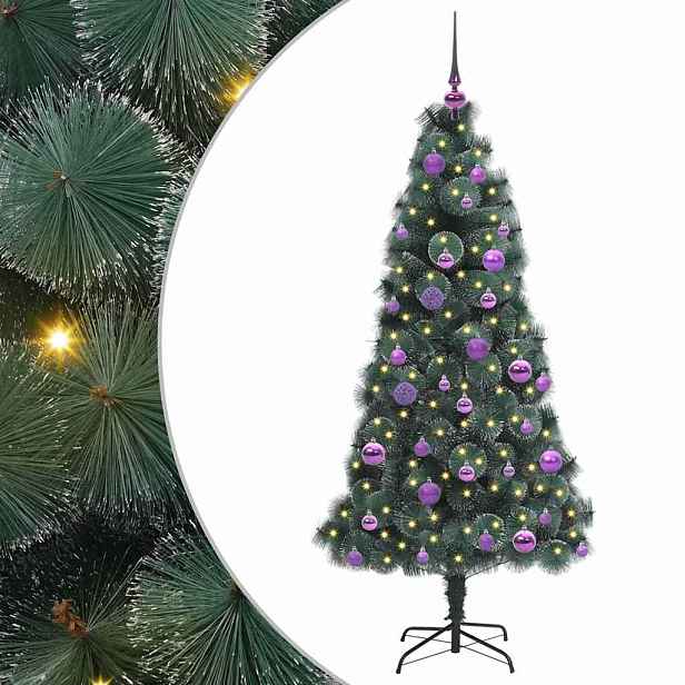 vidaXL Umělý osvětlený vánoční stromeček s sadou koulí Zelená 150 cm
