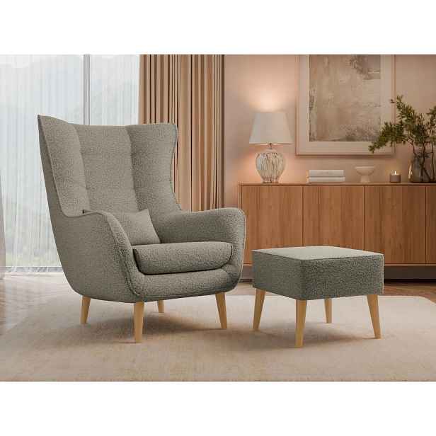 Designové křeslo ušák s taburetkou LEVI - šedobéžové