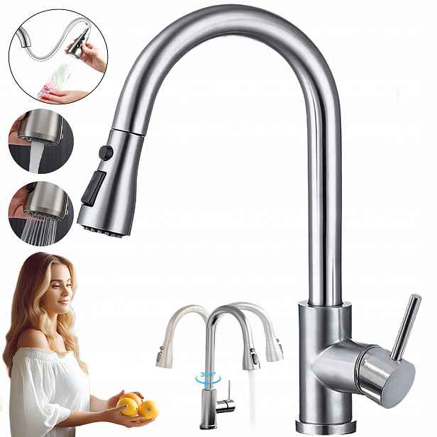 Kuchyňská Baterie S Vytahovací Sprškou Ve Sprše, 3 Režimy, Kuchyňská Baterie, Stříbrná Barva