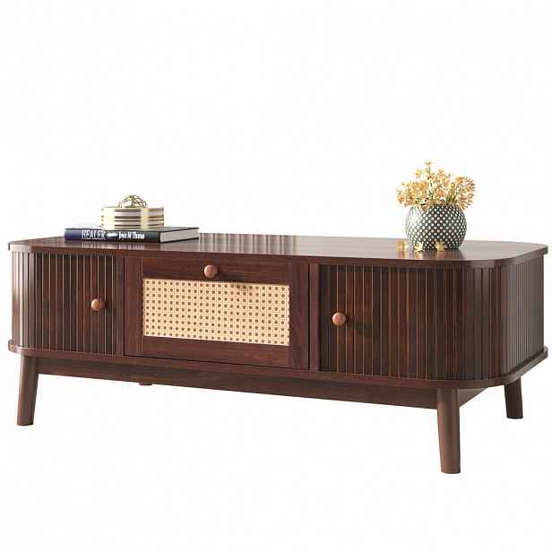 Modfu KONFERENČNÍ stolek z MDF 110x55x38,5 cm přírodní s ratanovým dekorem a zásuvkami, s posuvnými dvířky
