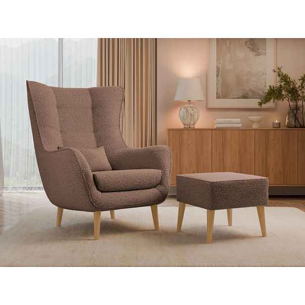 Designové křeslo ušák s taburetkou LEVI - hnědé