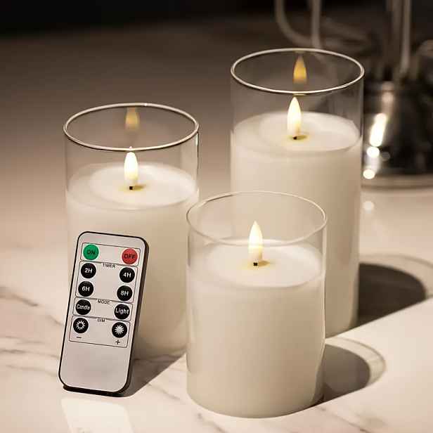 TEMU 3 ks Realistické Bezplamenné LED Svíčky s Dálkovým Ovládáním a Časovačem - 4"/5"/6" Pilířové Svíčky na Baterie, Efekt Plamene, Bez Zapojení do