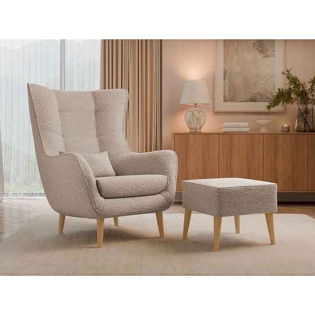 Designové křeslo ušák s taburetkou LEVI - latté
