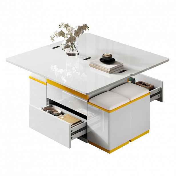 Modfu KONFERENČNÍ stolek z MDF a dřevotřísky 100x50x43 cm bílý/žlutý výklopný a výškově nastavitelný se 4 taburety