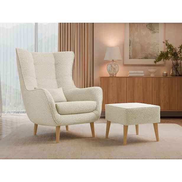 Designové křeslo ušák s taburetkou LEVI - krémové