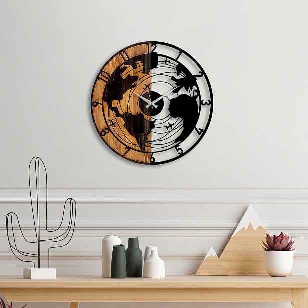 Wallity Dekorativní nástěnné hodiny WALLIE WOODEN WORLD MAP 56 cm ořech/černé