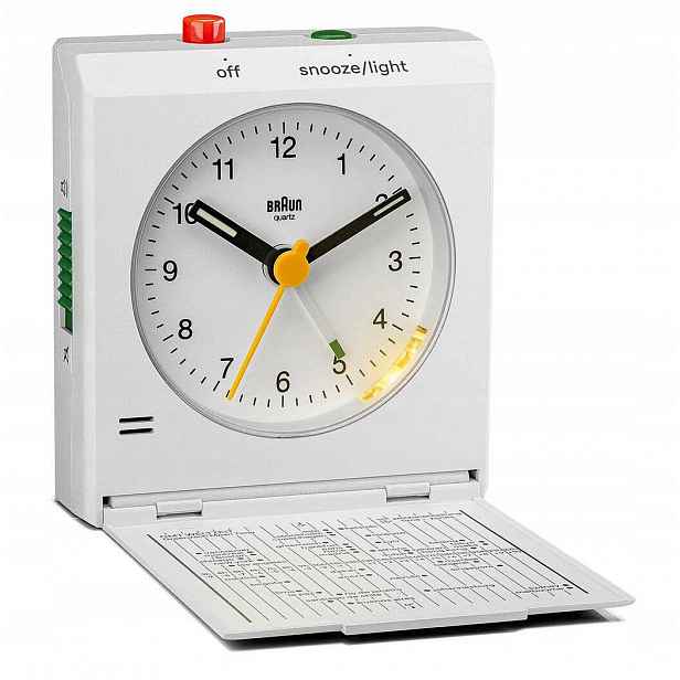 Bílý Skládací Cestovní Budík Braun BC05W Alarm Zdřímnutí Časové Pásmo