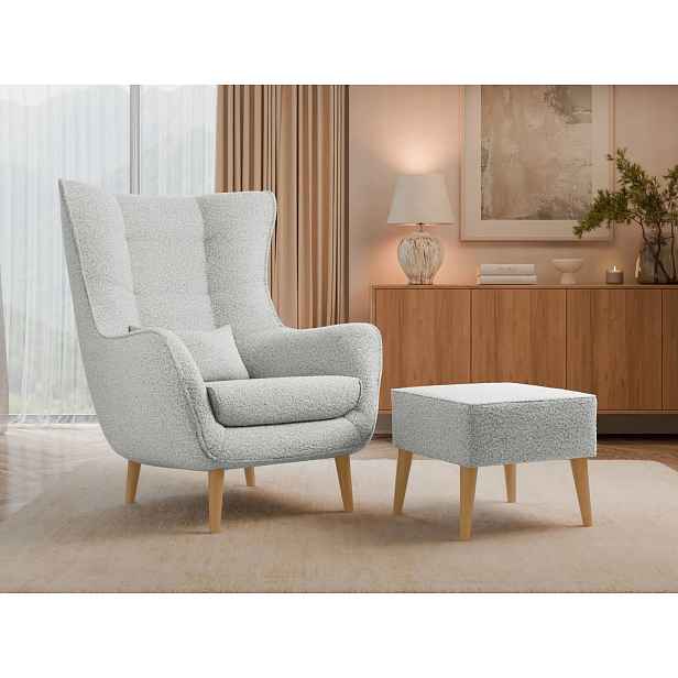 Designové křeslo ušák s taburetkou LEVI - popelavé