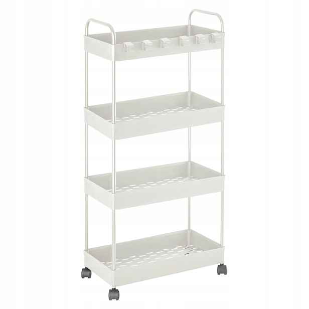 Koupelnový regál na kolečkách, čtyři úrovně, kovový rám, bílý, 96 cm