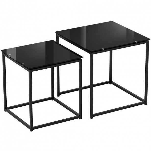 Modfu SADA odkládacích stolků z oceli 50x50x52 cm / 42x42x42 cm černá se skleněnou deskou, stohovatelné provedení