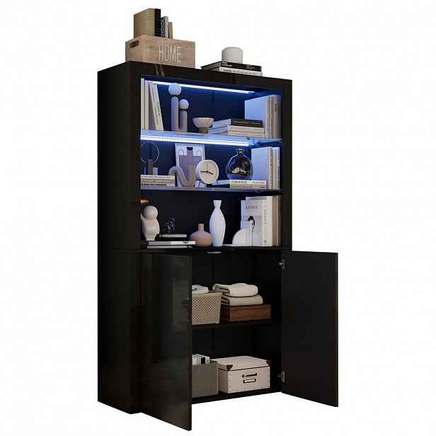 OKWISH VITRÍNA 100/35/170 cm černá z MDF, dřevotřísky a skla s LED osvětlením a úložným prostorem