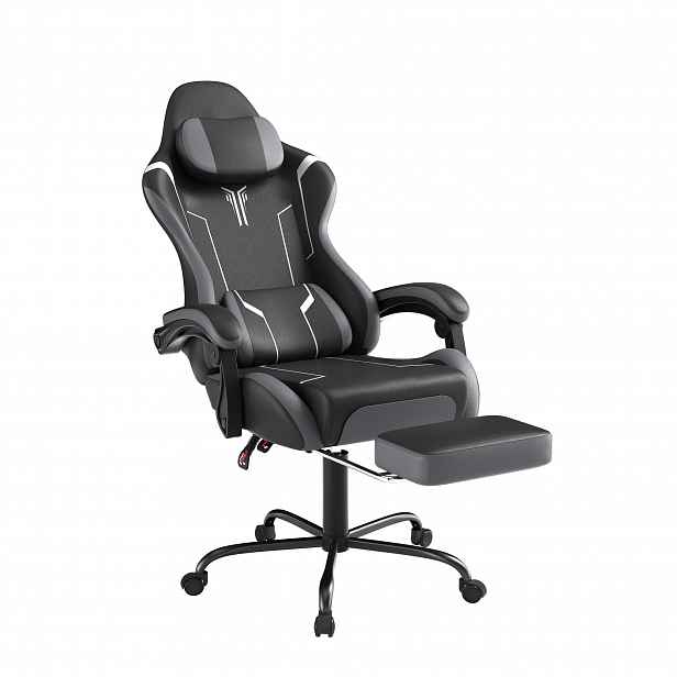 TEMU Ergonomická herní židle s nastavitelným bederním polštářem, opěrkou hlavy a područkami, podnožkou, kancelářská PC počítačová židle s náklonem