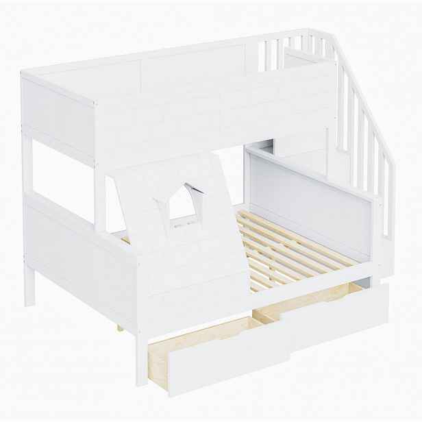 OKWISH PATROVÁ postel 90/200 a 140/200 cm bílá z borovice se schodištěm, zásuvkami a oknem