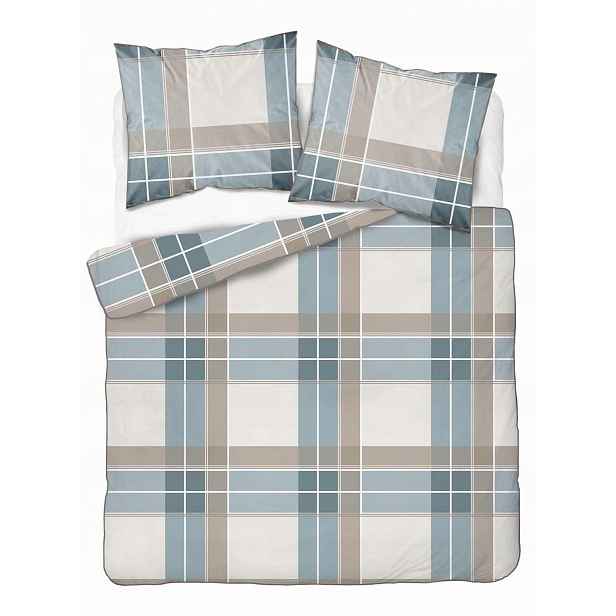 Povlečení z perkálu Lamé Percale 220x200 béžová modrá kostkovaná lemovka