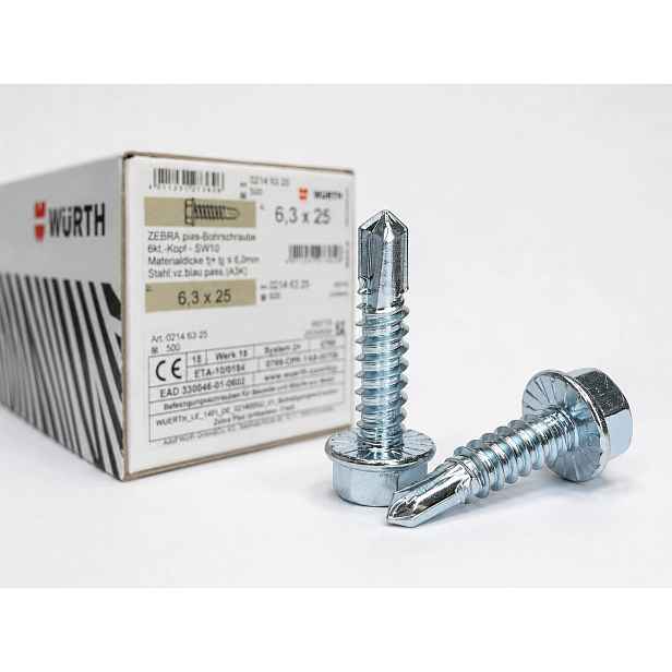 Wurth Zebra Samovrtný šroub 6,3 x 25 mm klíč SW10 pozink 100 ks