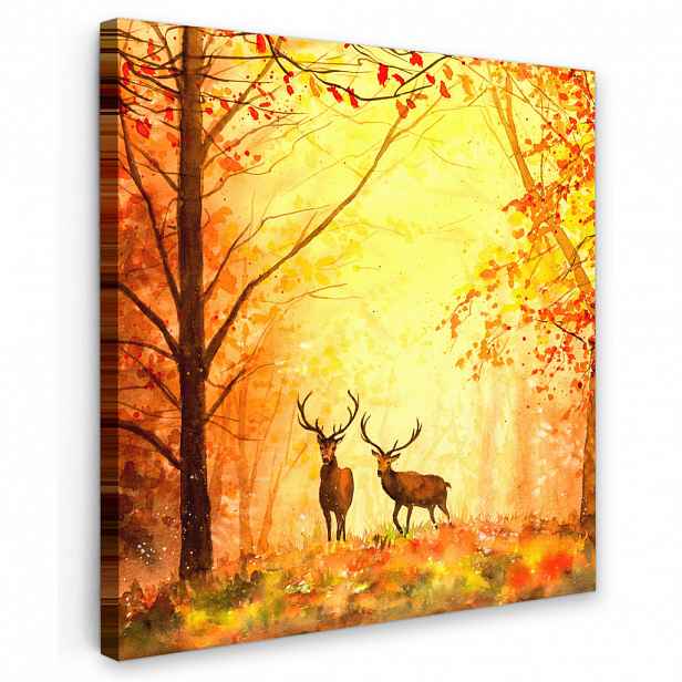 MuchoWow OBRAZ NA PLÁTNĚ Příroda - Olejové barvy - Jelen - Zvířata - Podzim - Oranžová 20x20 cm