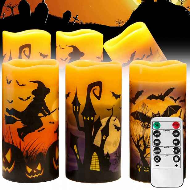 Sada 3 Led Svíček Halloween S Dálkovým Ovládáním, Časovač, Efekt Plamene, Bezpečné