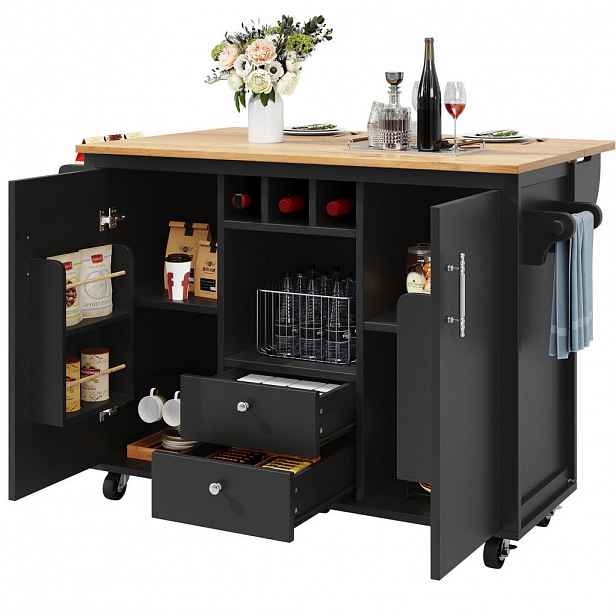 OKWISH KUCHYŇSKÝ ostrůvek 137,9/73/92,2 cm černý z MDF a kovu s klopnou pracovní deskou a kolečky
