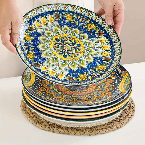 TEMU Sada 6 plochých večeřních talířů SIMI v bohémském stylu z porcelánu, sada snídaňových talířů vhodná do myčky nádobí a mikrovlnné trouby