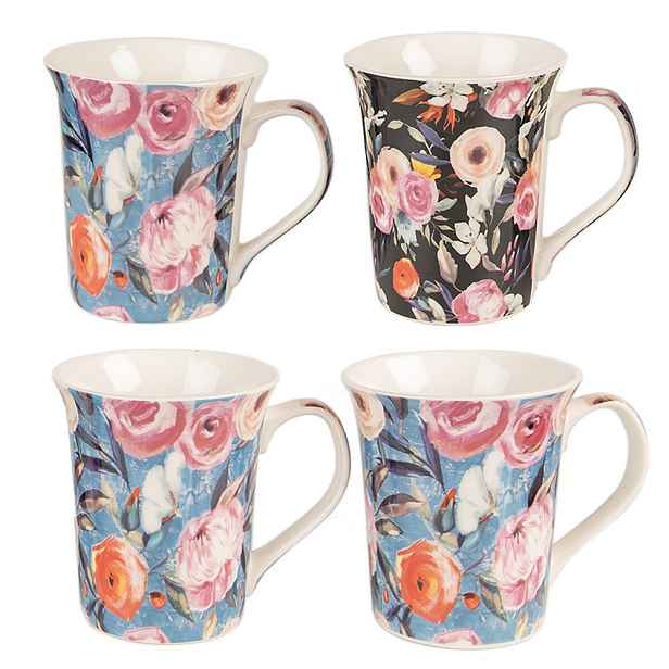 Sada 4ks modrý a černý porcelánový hrnek s květy - 12* 8*10 cm / 300 ml Clayre & Eef