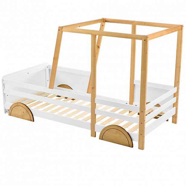 OKWISH DĚTSKÁ postel 90x200 cm bílá a přírodní z masivního dřeva ve tvaru auta