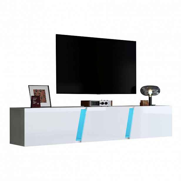 OKWISH NÁSTĚNNÝ TV stolek 180/35/30 cm bílý z dřevotřísky s LED osvětlením a 3 dvířky