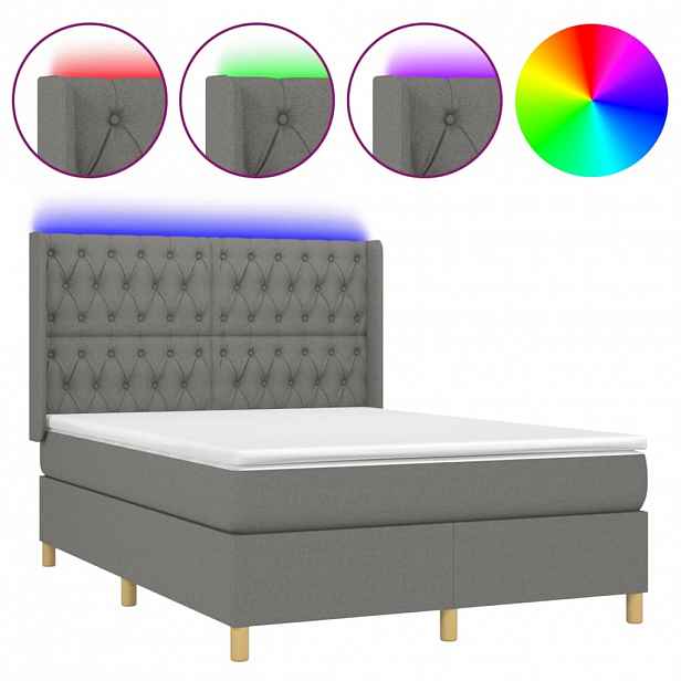 vidaXL Box spring postel s matrací a LED tmavě šedá 140x190 cm textil