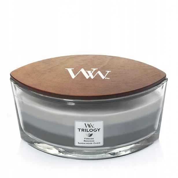 Vonná svíčka Woodwick Trilogy Hearthwick Elipsa Loďka Warm Woods 453 g