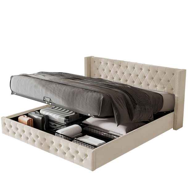 Redom ČALOUNĚNÁ postel 180/200 cm s hydraulickým úložným prostorem, sametový Chesterfield styl, Béžová