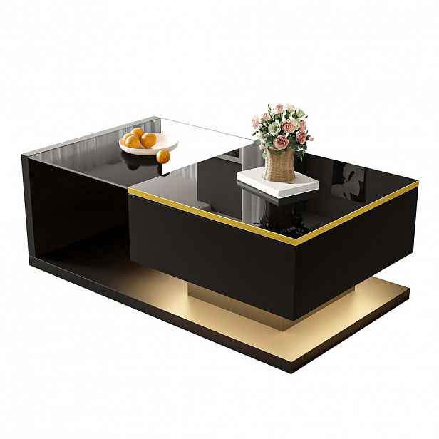 Modfu KONFERENČNÍ stolek z dřevotřísky 90x50x32 cm černý s tvrzeným sklem, LED osvětlením a úložným prostorem