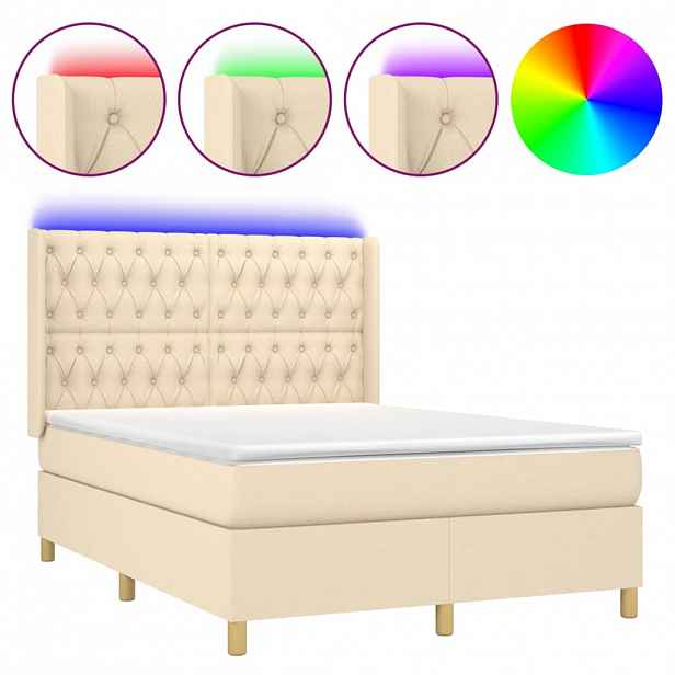 vidaXL Box spring postel s matrací a LED krémová 140x190 cm textil