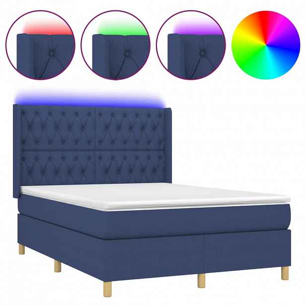 vidaXL Box spring postel s matrací a LED modrá 140x190 cm textil