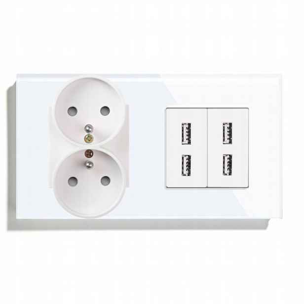 Elektrická Dvojitá Skleněná Zásuvka S Nabíječkou 4x Usb A 2.4A